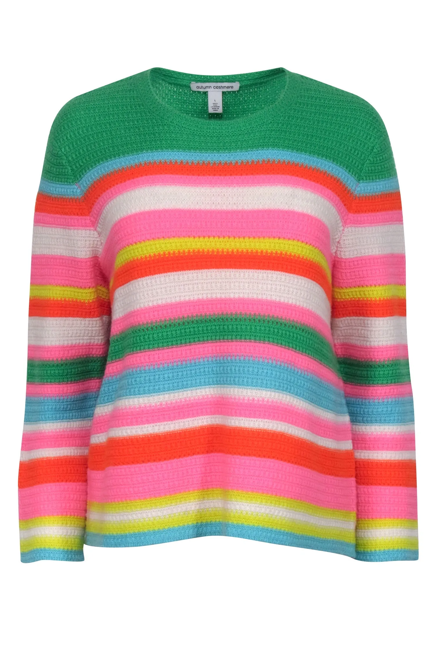 Autumn Cashmere - Green, Pink, & Multicolor Stripe Cashmere Sweater Sz L