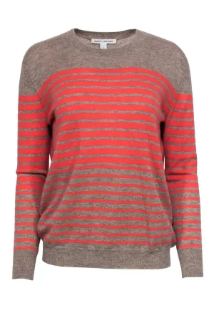 Autumn Cashmere - Taupe & Coral Striped Cashmere Sweater w/ Elbow Patches Sz XS