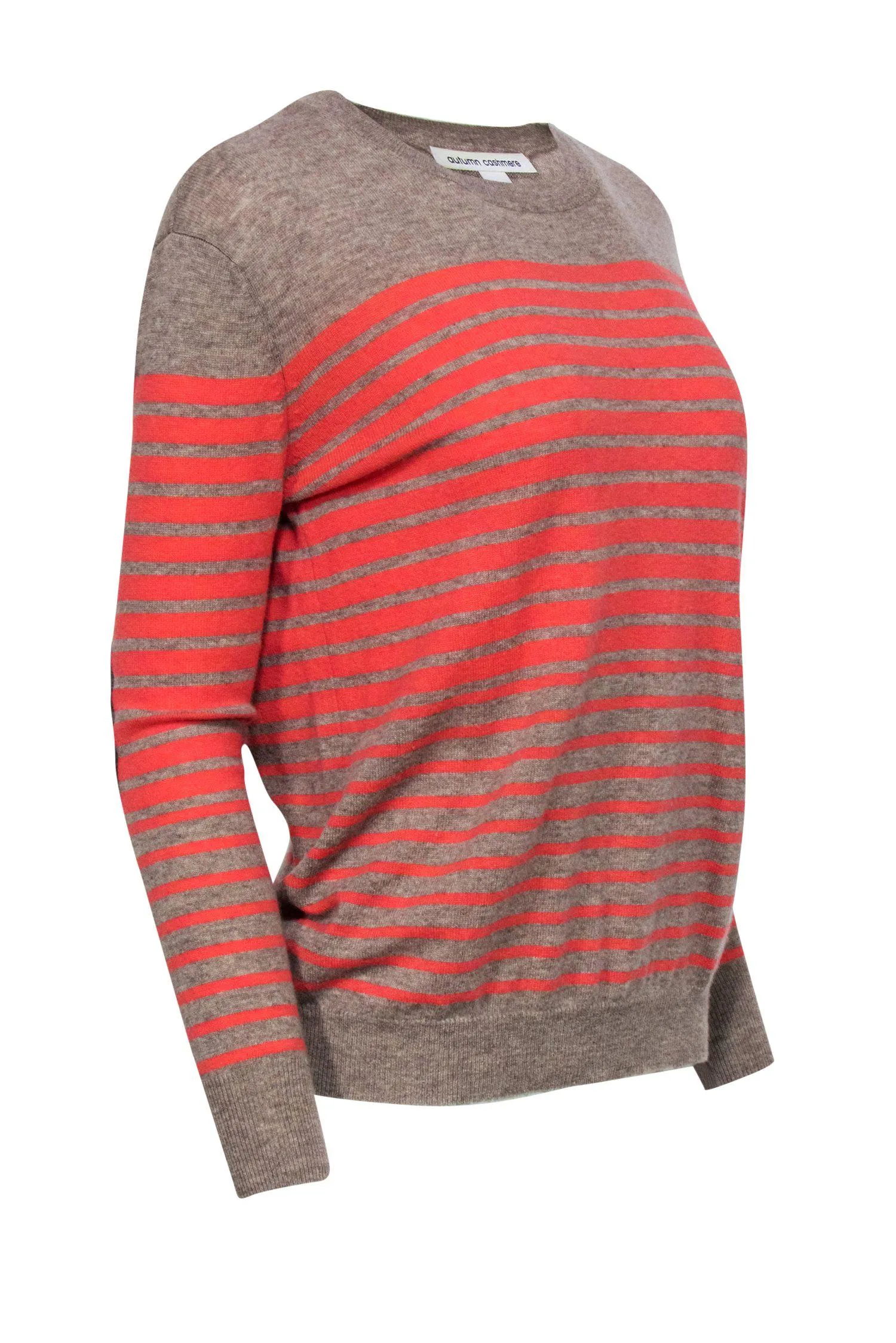 Autumn Cashmere - Taupe & Coral Striped Cashmere Sweater w/ Elbow Patches Sz XS