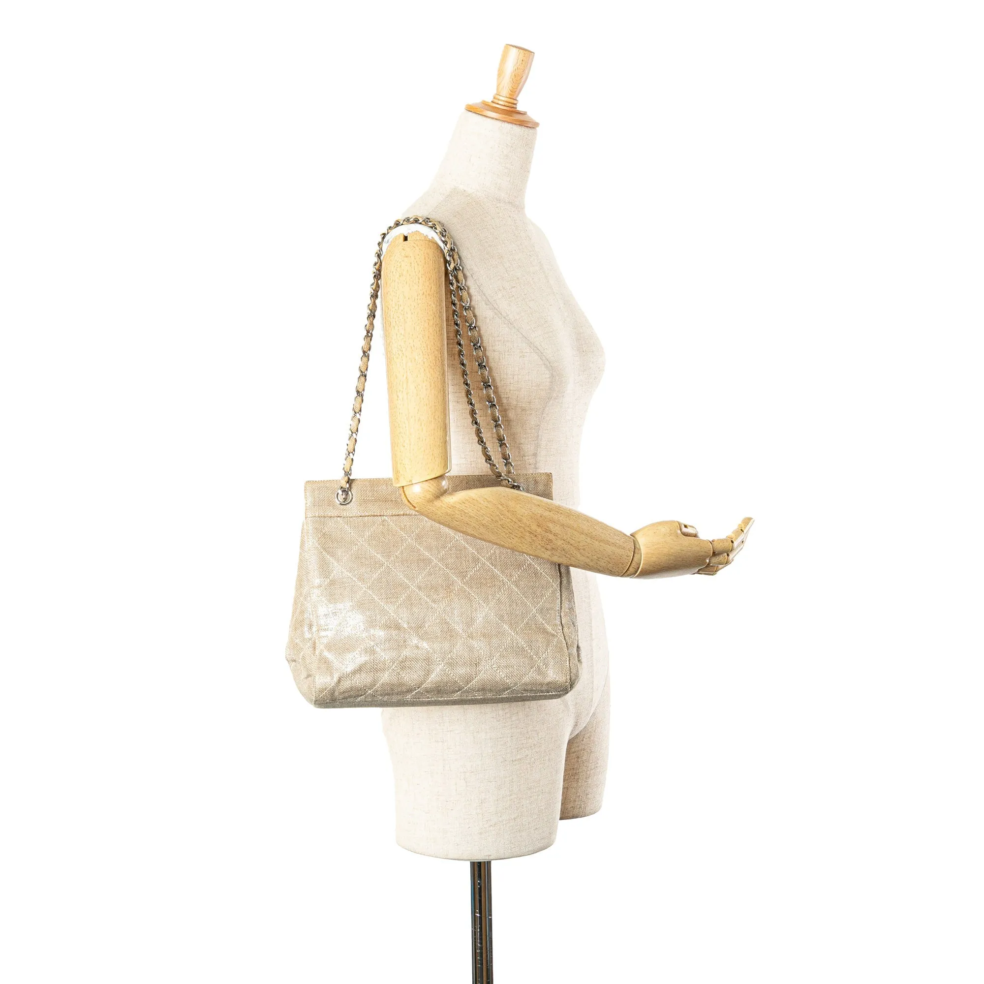 Chanel CC Stitched Linen Chain Tote