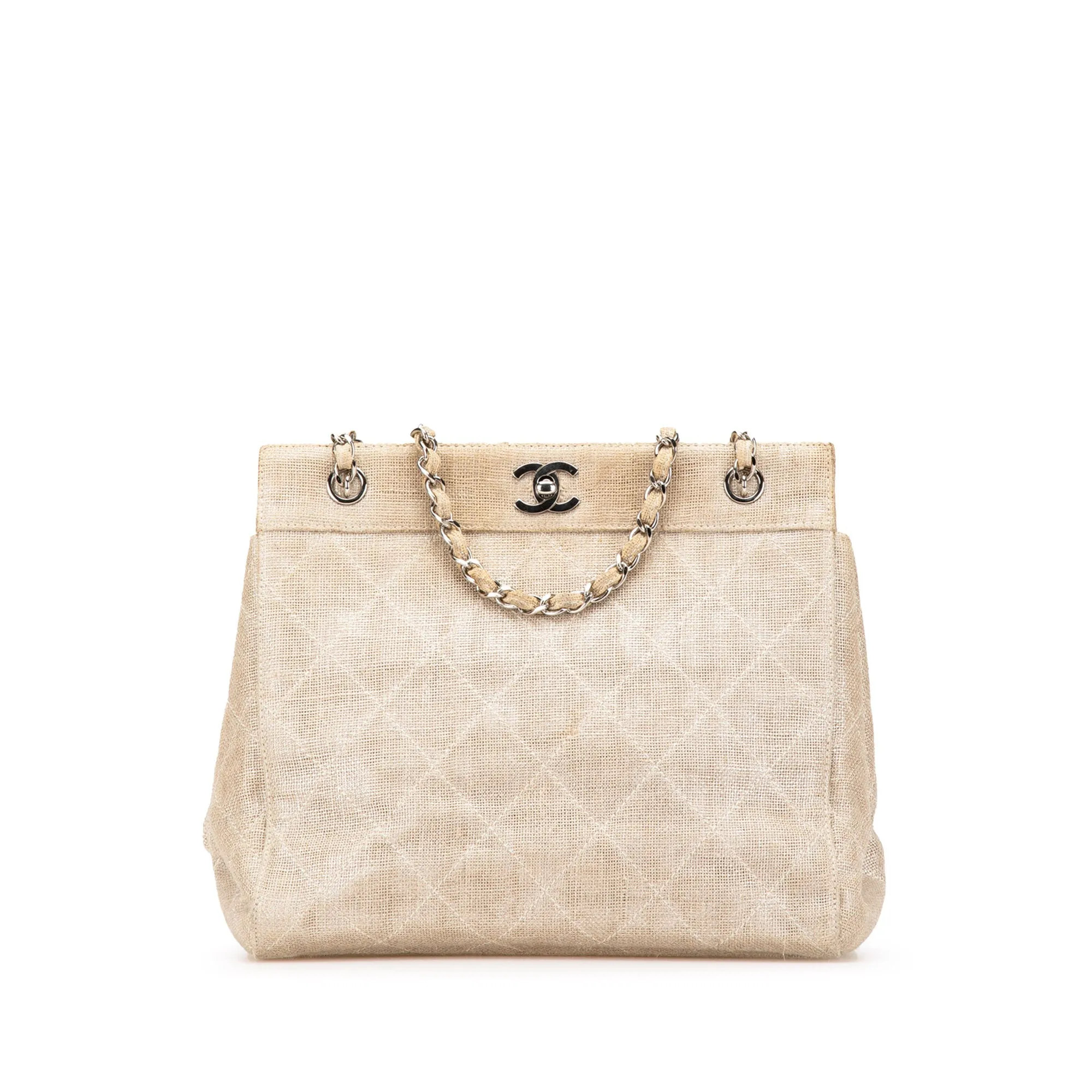 Chanel CC Stitched Linen Chain Tote