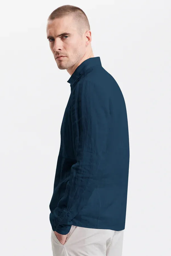 Loose-fit linen shirt with cotton inserts - Ocean