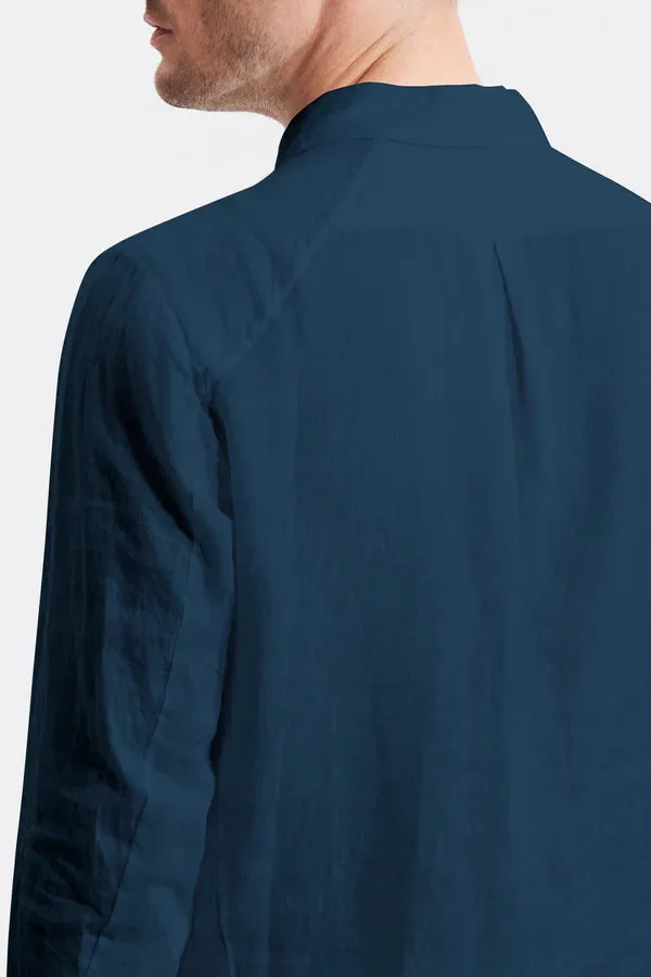Loose-fit linen shirt with cotton inserts - Ocean