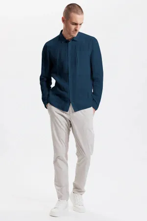 Loose-fit linen shirt with cotton inserts - Ocean