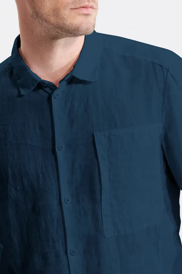 Loose-fit linen shirt with cotton inserts - Ocean